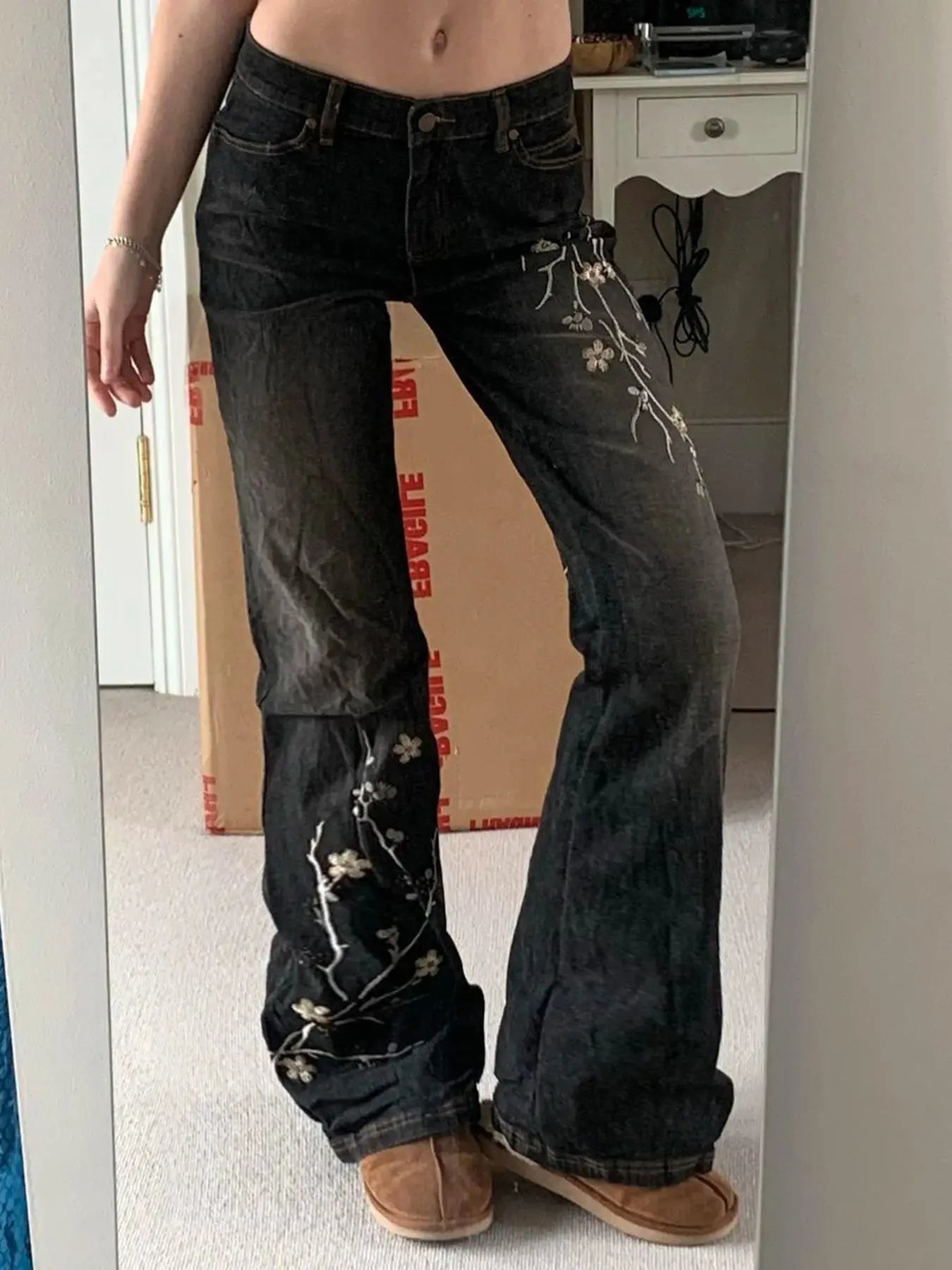 Weekeep Floral Embroidery Jeans Vintage 2000s - DRACO COUTURE