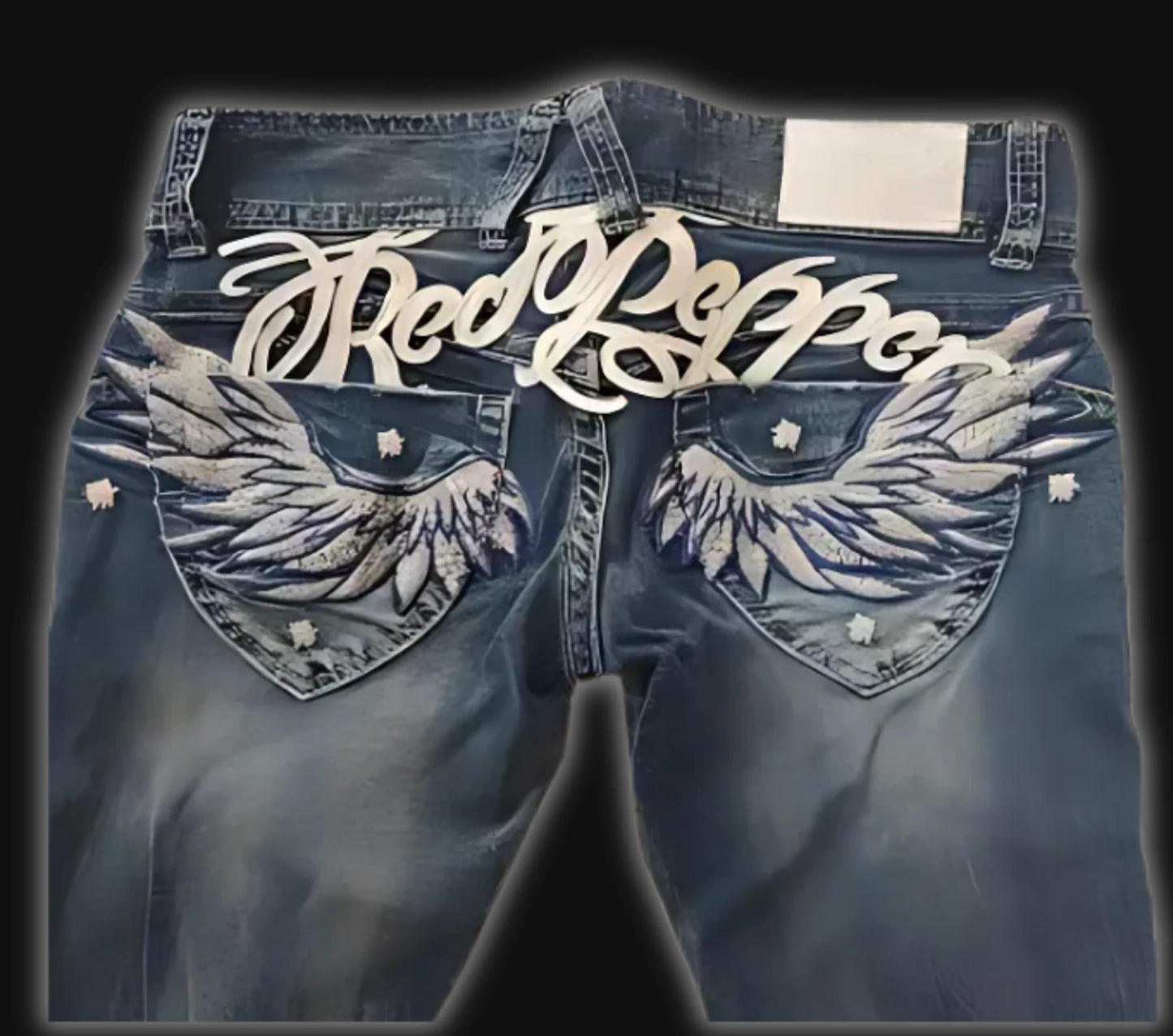 Fashion Gothic Design American Pocket Letters Wings Embroidered Jeans Women's Y2k Style Retro Wash Loose High Waist Leggings - DRACO COUTURE