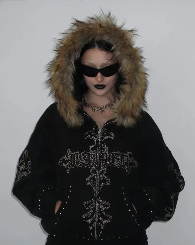 Gothic Cross Pattern Zipper Hoodie - DRACO COUTURE