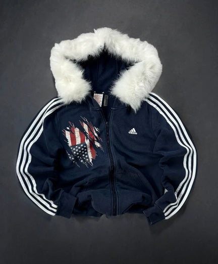 Granatowa bluza Adidas USA z futrem fur faux rozpinana zip z kapturem Hoodie 3 paski stripes białe