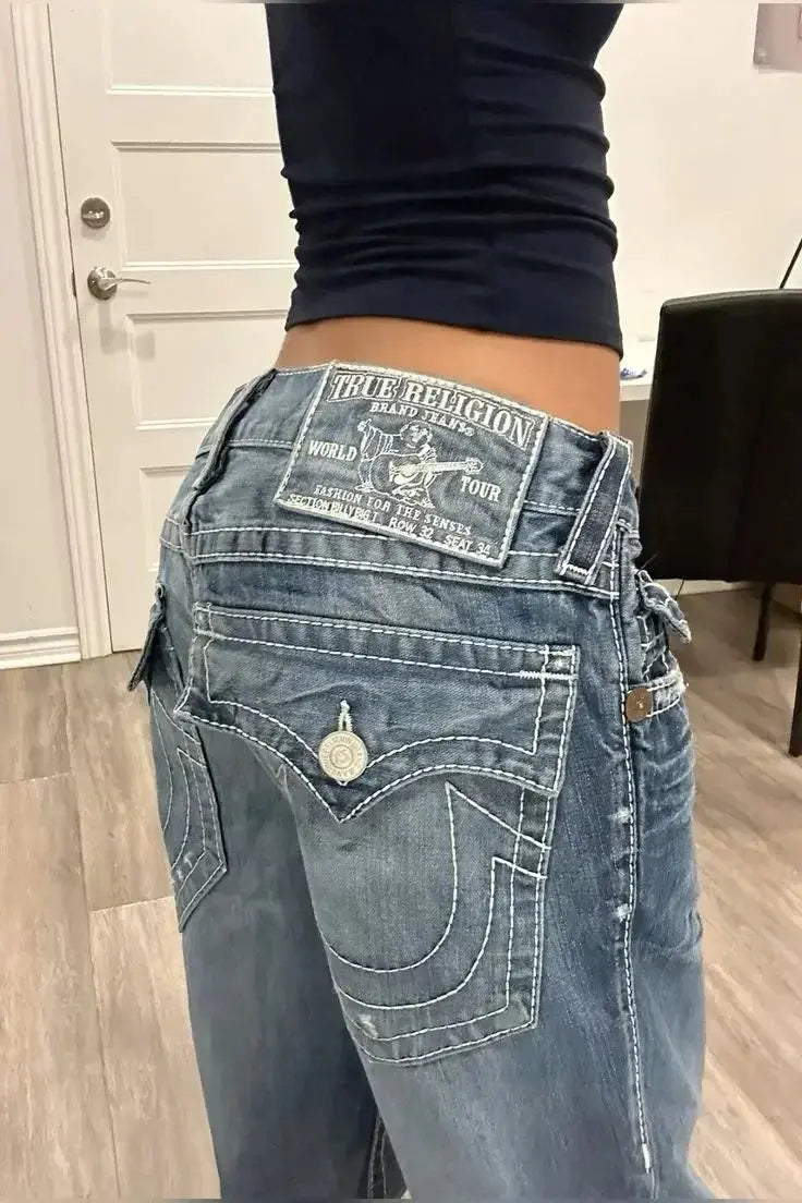Y2k 2000s Statue of liberty Diamonds Jeans Casual Denim Pants High Waist Straight Wide Leg Jeans Harajuku Vintage Women Clothing - DRACO COUTURE