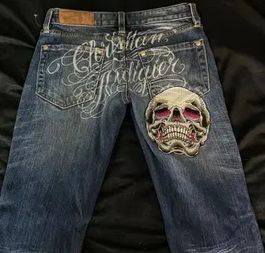 Gothic punk American retro punk skull pocket embroidered jeans men's wash blue old loose straight wide-leg fashionable jeans - DRACO COUTURE