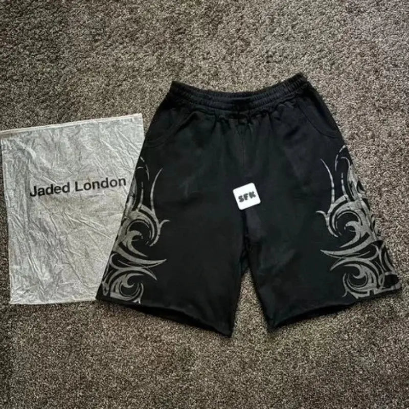 90s Harajuku Print Casual Men Women Geometric Graffiti Shorts Y2K High Waist Baggy Hip Hop Pure Cotton Sports Wide Leg Shorts - DRACO COUTURE