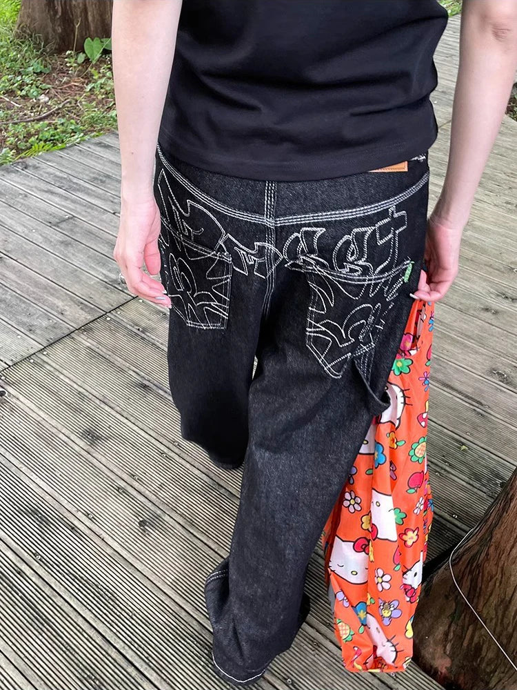 Y2K bestickte Wide-Leg-Jeans – Schwarz, hoher Bund