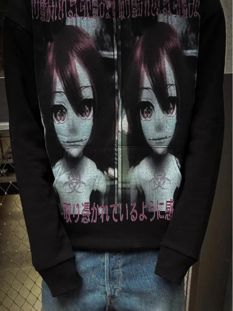 New 2025 Autumn And Winter Aesthetic y2k Dark Style Print Gothic Retro Street Punk Personality Casual emo Girl Hooded Sweatshirt - DRACO COUTURE