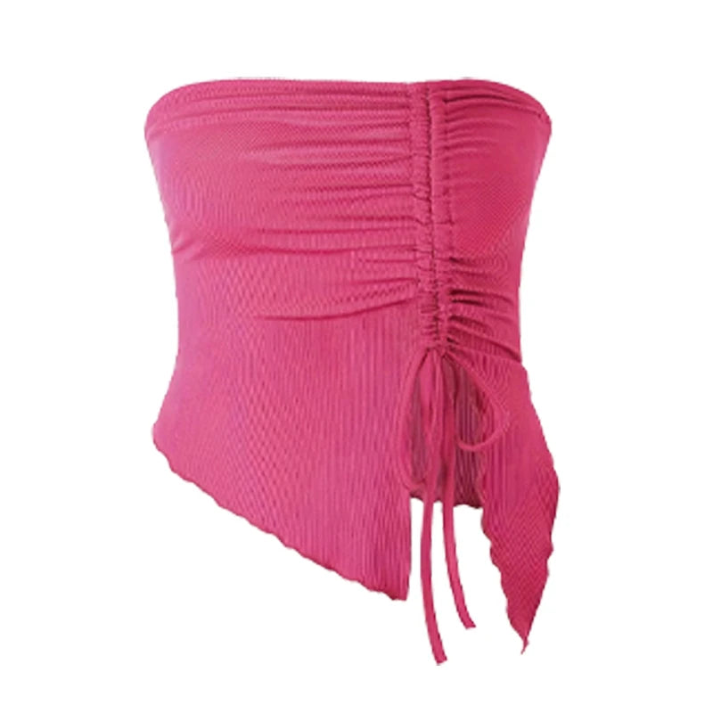 Spring and Summer New Drawstring Red Valentine's Day Party Ins Style Young Slit Asymmetrical Slim Off-Shoulder One-Shoulder Sexy Women's Top Wrapped Chest Vest DRACO COUTURE