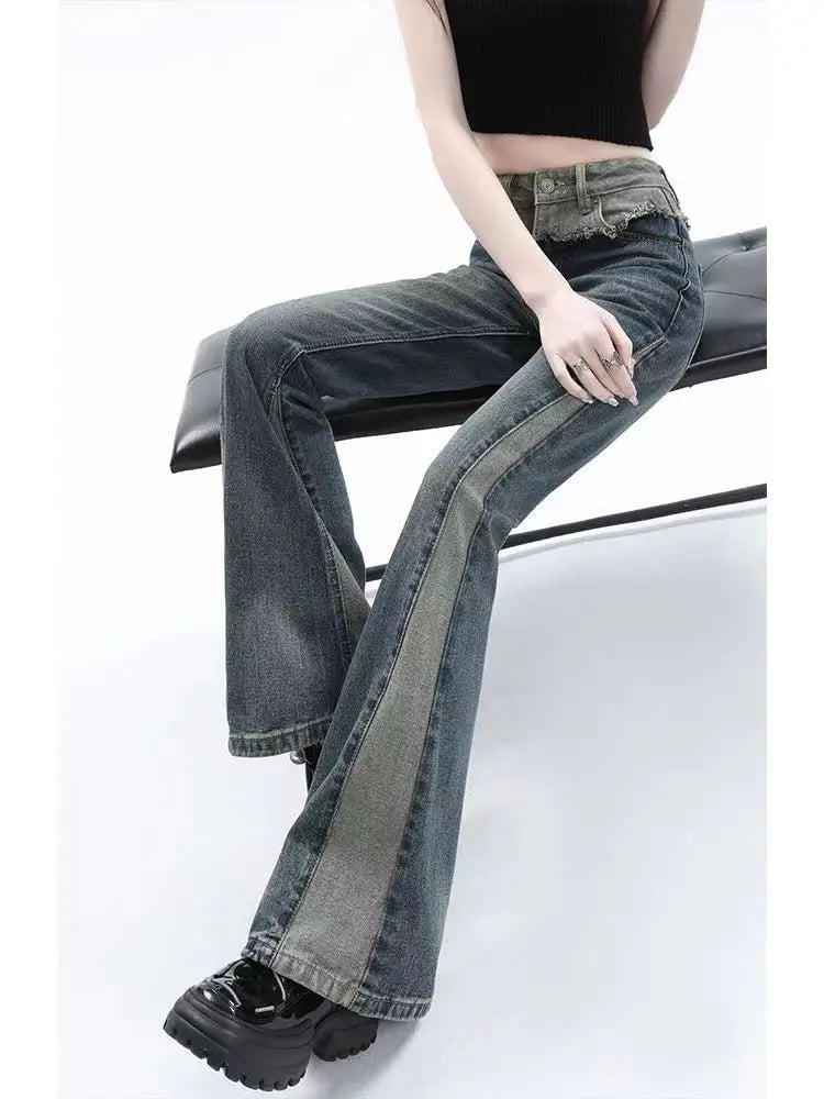 American High Street Spicy Girls Low Waist Jeans Women Autumn Vintage Y2k Design Sense Slim Fit Straight Tube Micro Flare Pants