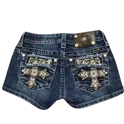 Retro Angel Wing Denim Shorts Y2K Women Gothic Hip Hop Pocket Embroidery Retro Black Baggy Shorts High Waist Slim Fit Mini Skirt - DRACO COUTURE
