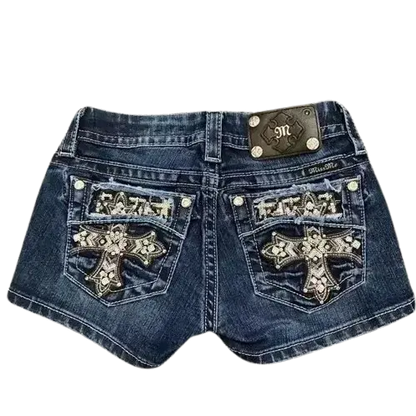 Retro Angel Wing Denim Shorts Y2K Women Gothic Hip Hop Pocket Embroidery Retro Black Baggy Shorts High Waist Slim Fit Mini Skirt - DRACO COUTURE