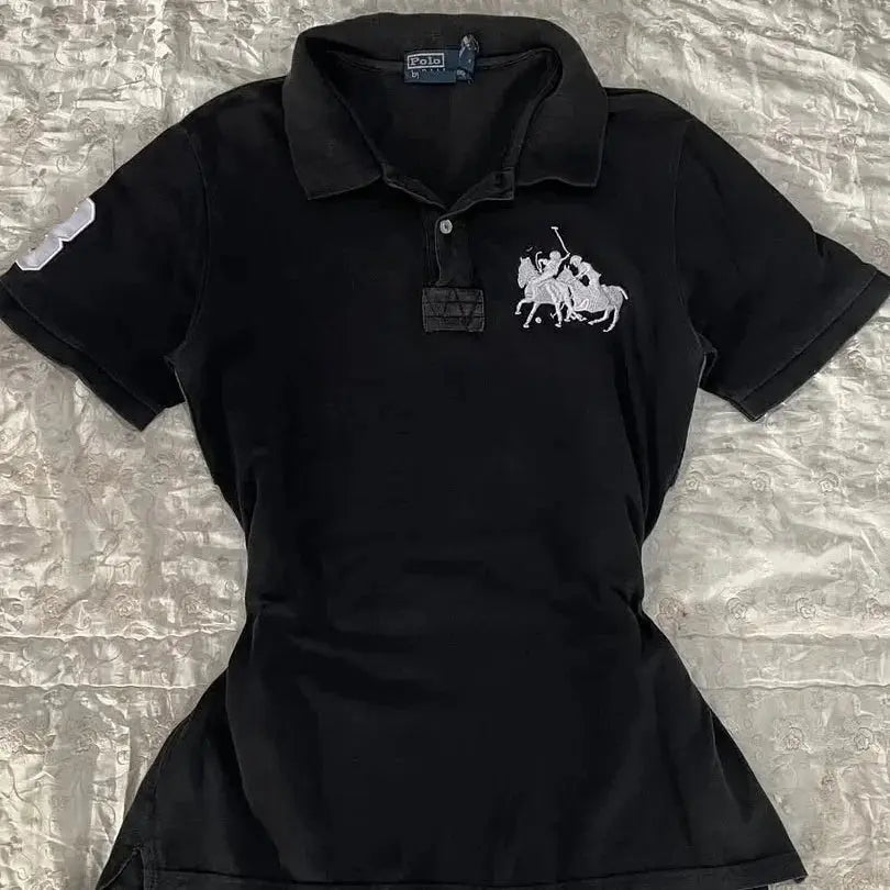 Trendy polo shirt women lapel T-shirts women's short sleeved 2025 new summer goth pure cotton vintage casual slim fit T-shirt - DRACO COUTURE