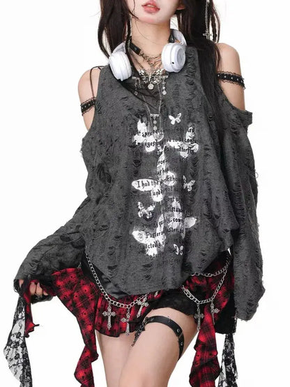 Y2k Gothic Grunge Dark Hollow Out T Shirt Women - DRACO COUTURE