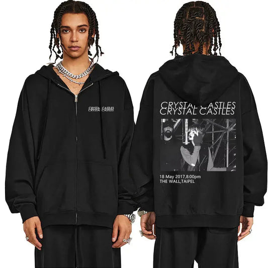 Crystal Castles Band Zipper Hoodie Men Women Vintage Gothic Rock Zip Up Jacket Men's Fashion Casual Oversized Zip Up Sweatshirt - DRACO COUTURE