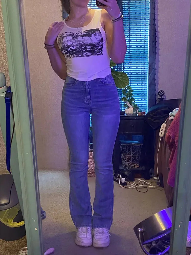 Damen Schlagjeans, Stretch, Mustache-Jeans, modische Skinny-Jeans mit hohem Bund, graue Denim-Hose, klassische Y2K-Punk-Langhose