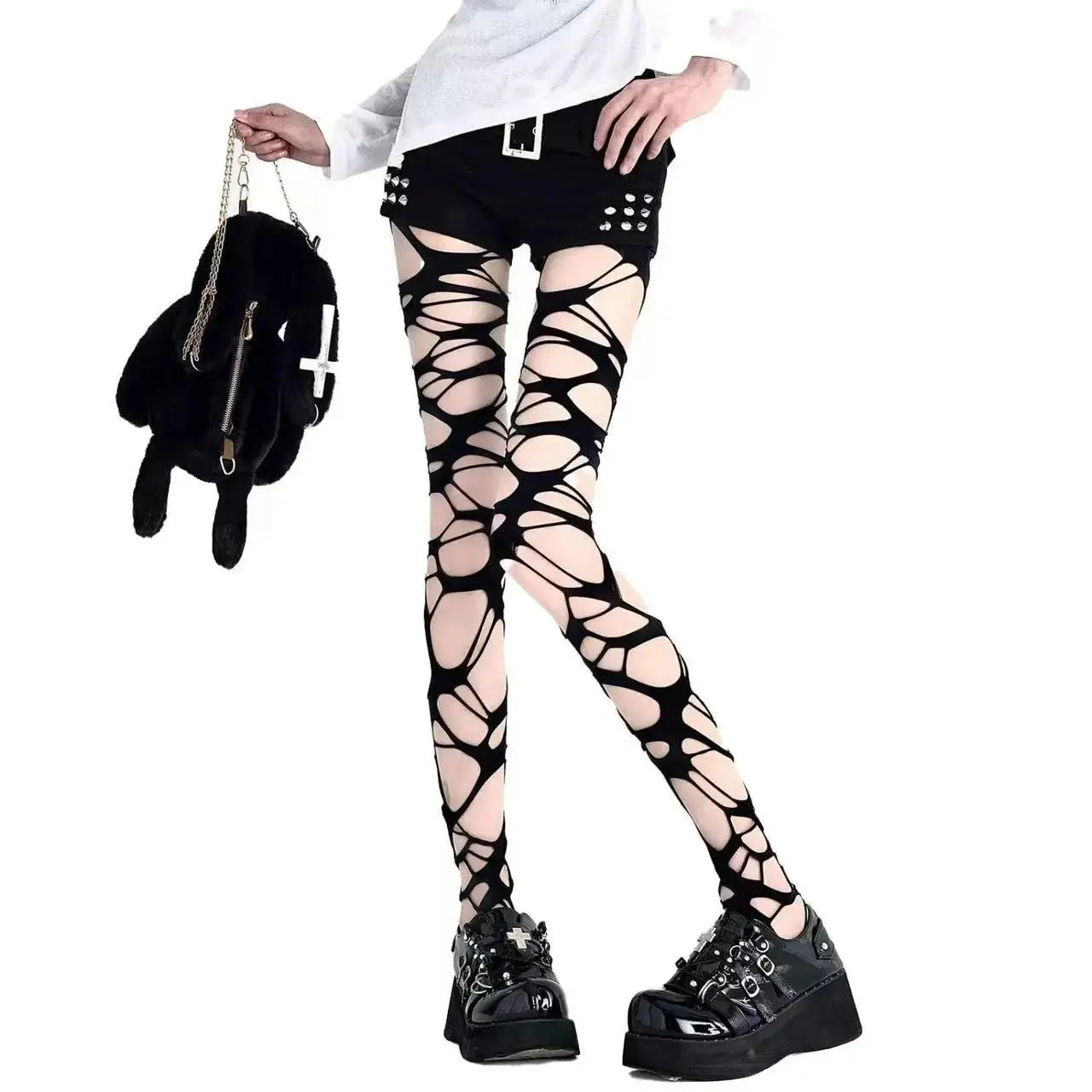 A pair of homemade gothic punk style stockings hot girl subculture Y2K black hole stockings bottoming pantyhose - DRACO COUTURE