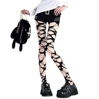 A pair of homemade gothic punk style stockings hot girl subculture Y2K black hole stockings bottoming pantyhose - DRACO COUTURE