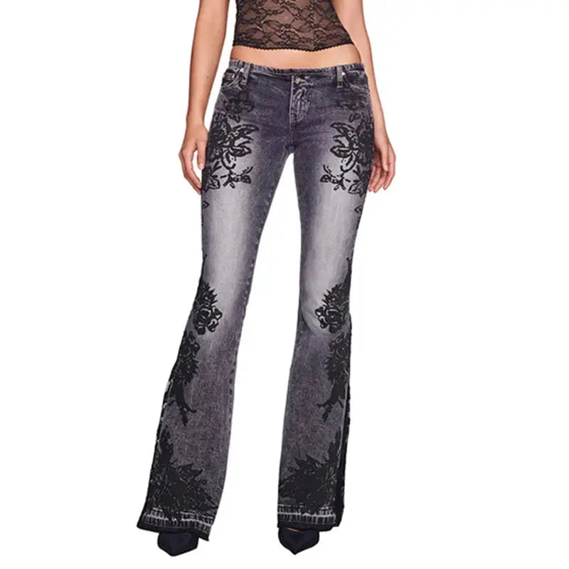 SUCHCUTE Vintage Plant Printed Flared Jeans Y2K - DRACO COUTURE