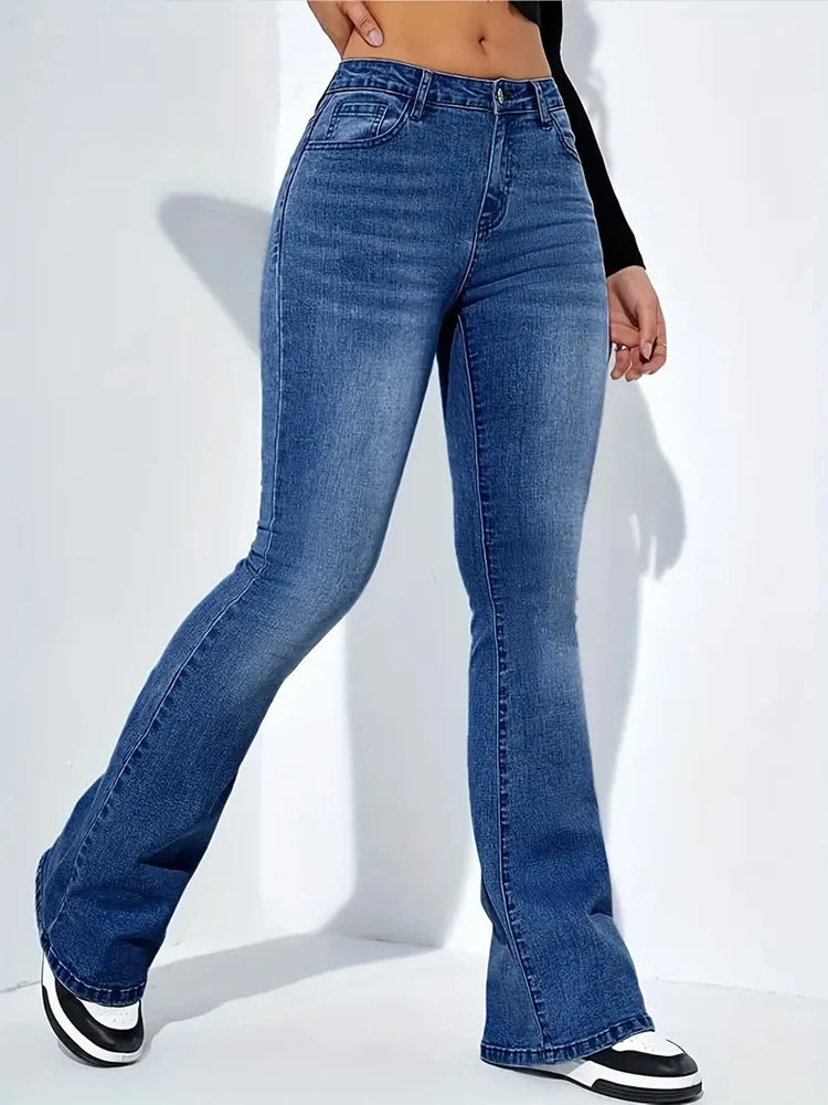 Damen Schlagjeans, Stretch, Mustache-Jeans, modische Skinny-Jeans mit hohem Bund, graue Denim-Hose, klassische Y2K-Punk-Langhose