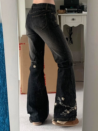 Weekeep Floral Embroidery Jeans Vintage 2000s