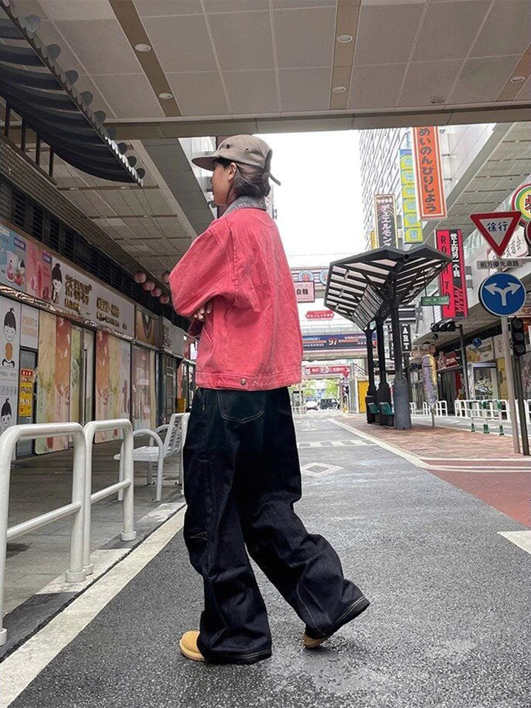 Y2K bestickte Wide-Leg-Jeans – Schwarz, hoher Bund