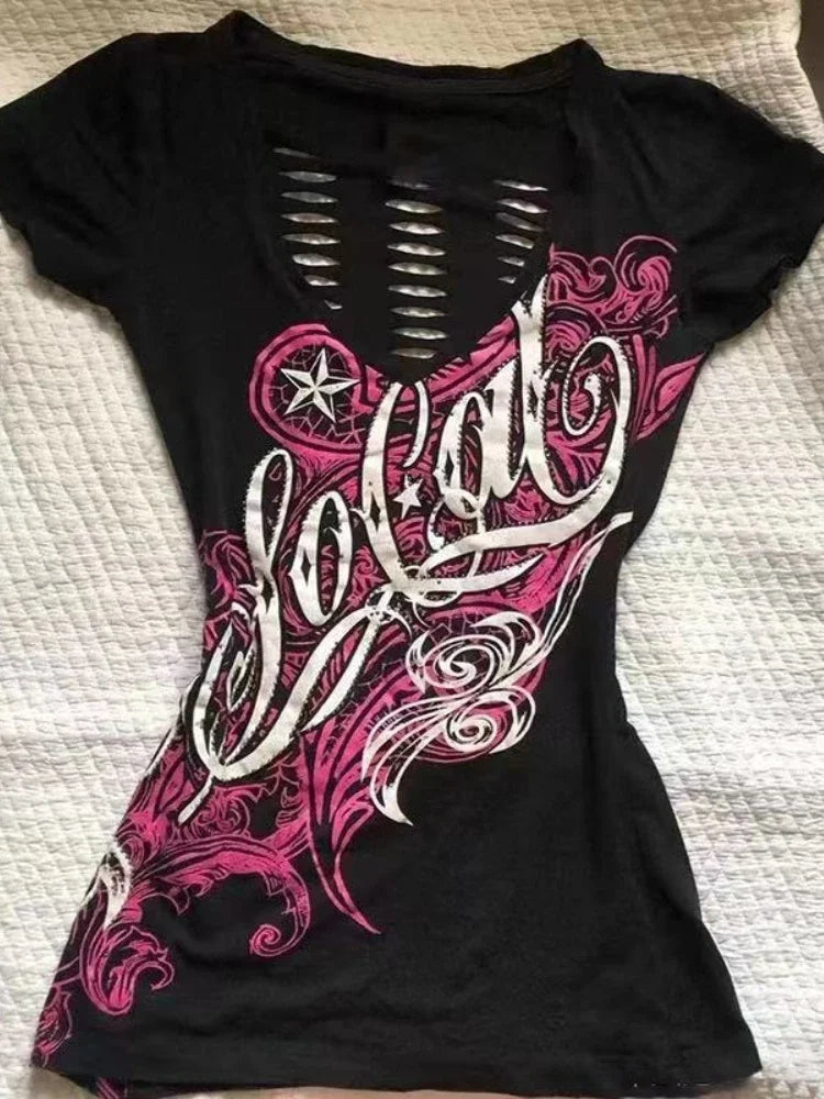 Damen-T-Shirt mit Vintage-Print in Lila im Y2K-Stil, amerikanischer Retro-Look, lässiges Harajuku-Grunge-Fashion-Top, neu