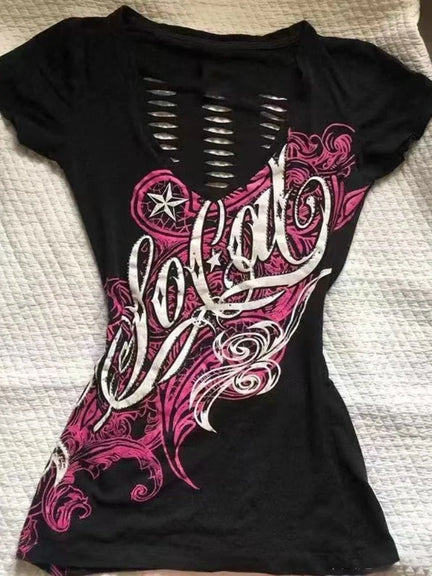 Y2K Purple Print T-Shirt Women