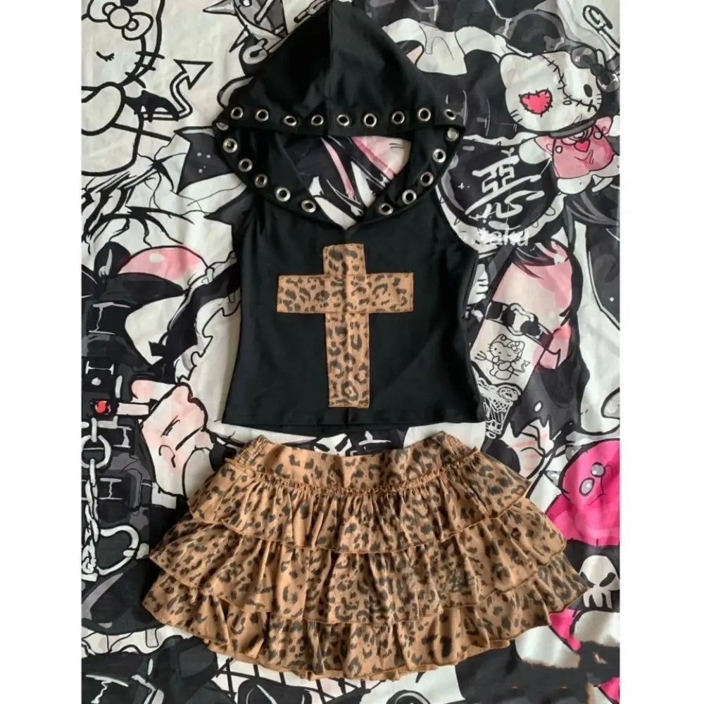 2000s Aesthetic Sexy Leopard Two Piece Set E-gilr Y2k Hoodie Tank Tops + Brown Print Cake Skirt Suit Retro Sleeveless Outfit New DRACO COUTURE