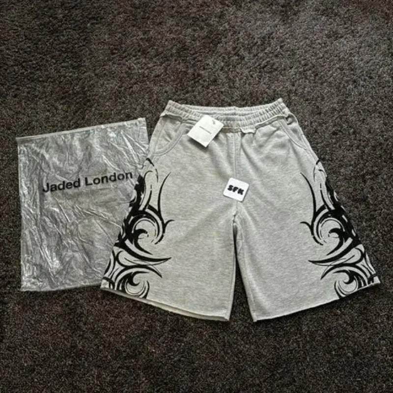 90s Harajuku Print Casual Men Women Geometric Graffiti Shorts Y2K High Waist Baggy Hip Hop Pure Cotton Sports Wide Leg Shorts - DRACO COUTURE
