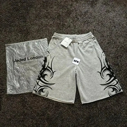 90s Harajuku Print Casual Men Women Geometric Graffiti Shorts Y2K High Waist Baggy Hip Hop Pure Cotton Sports Wide Leg Shorts - DRACO COUTURE