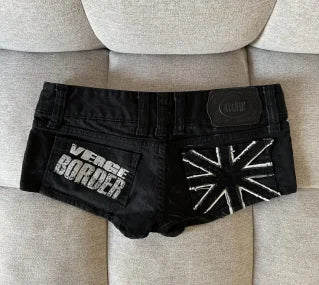 Street style British flag pattern women's shorts Y2k denim goth slim sexy fashionable and versatile low waist black denim shorts DRACO COUTURE