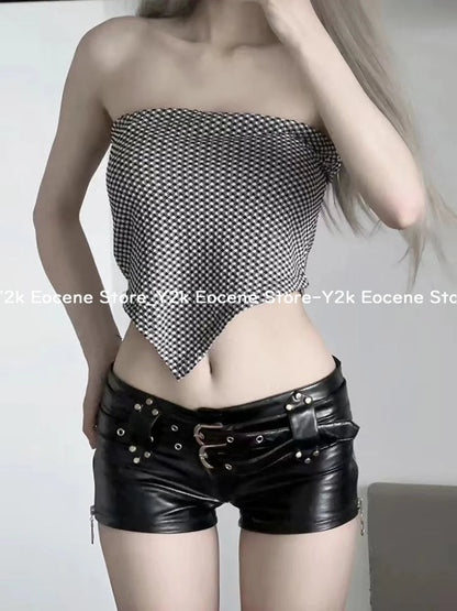 Vintage Sexy Low Slim Waist Pu Pants Retro Leather Belt Ultra Casual Shorts Boots Women Bodycon High Street Chic Summer Y2k New DRACO COUTURE