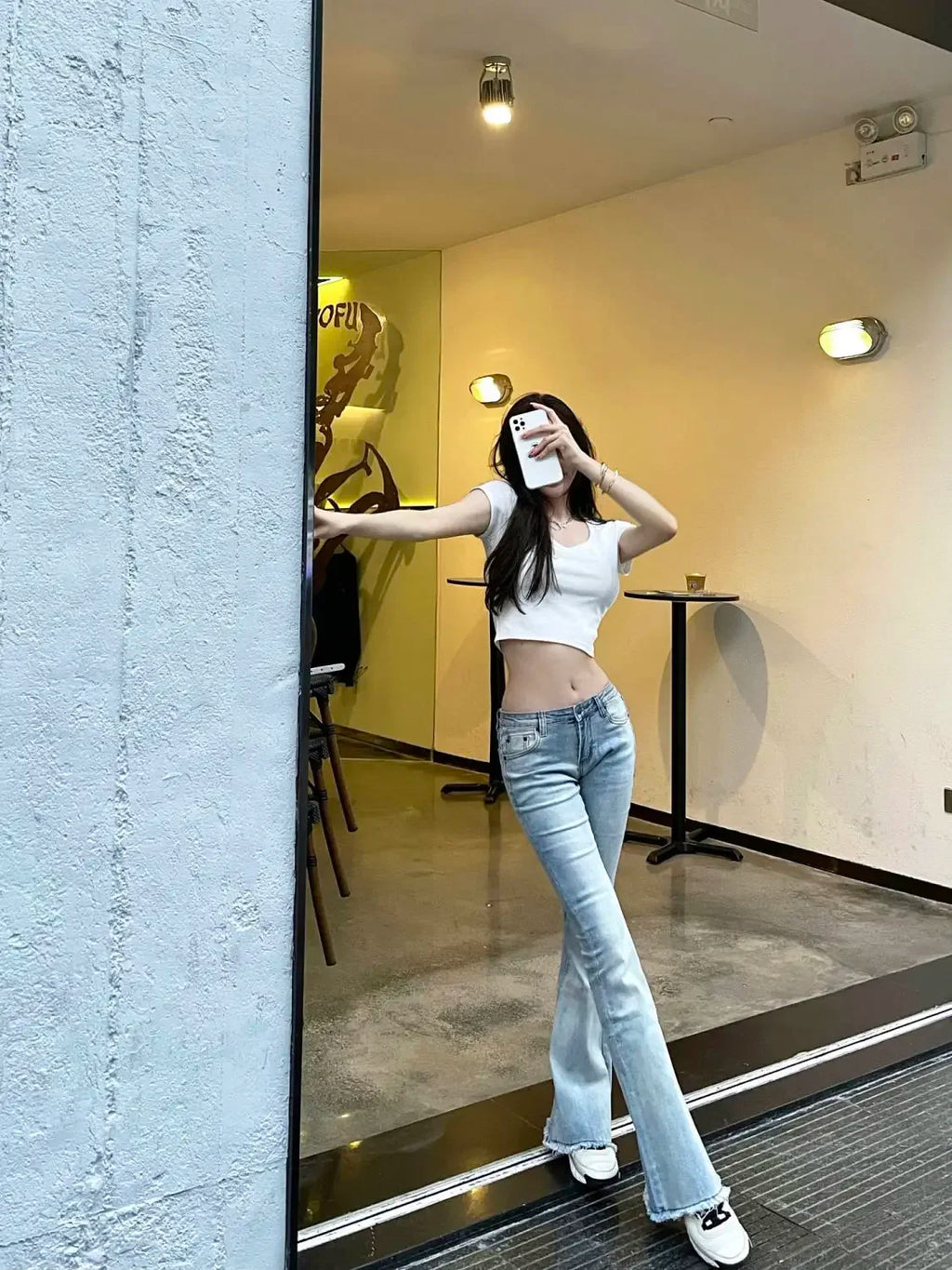 Schlaghose mit niedrigem Bund, blau, Skinny-Jeans für Damen, ausgestellt, Slim Fit, Baggy, stylische Sommerhose A