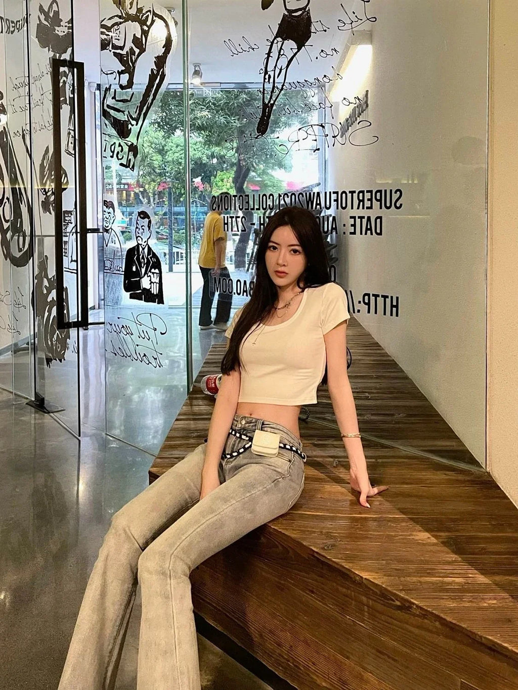 Schlaghose mit niedrigem Bund, blau, Skinny-Jeans für Damen, ausgestellt, Slim Fit, Baggy, stylische Sommerhose A