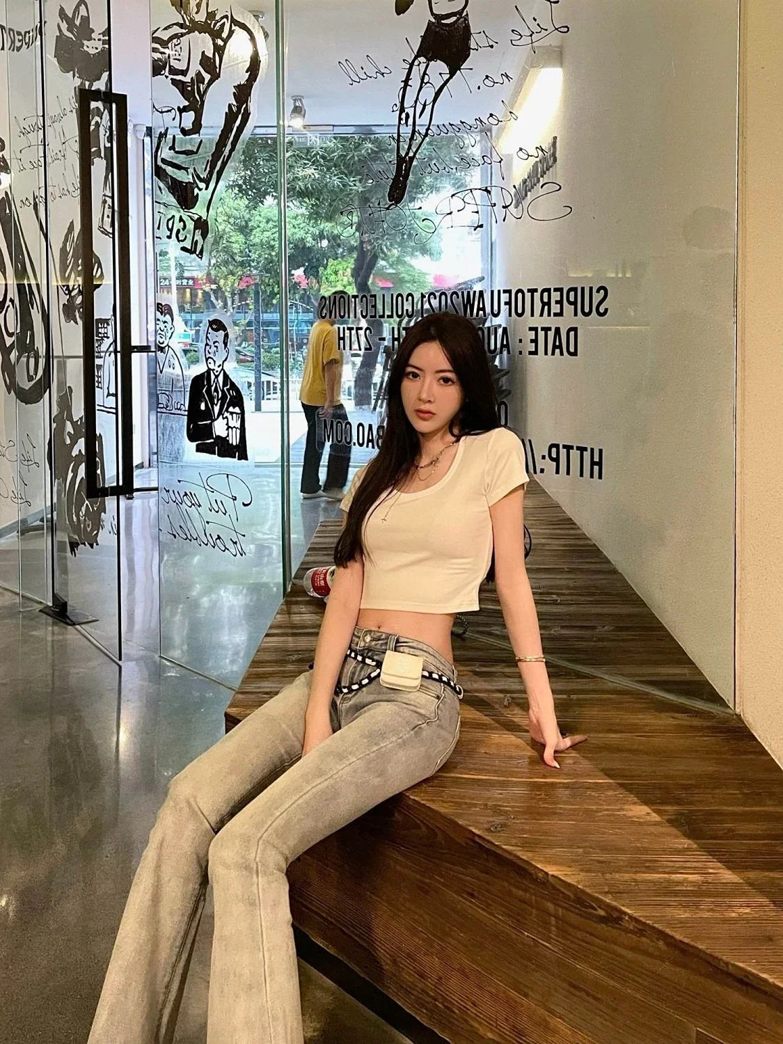 Schlaghose mit niedrigem Bund, blau, Skinny-Jeans für Damen, ausgestellt, Slim Fit, Baggy, stylische Sommerhose A