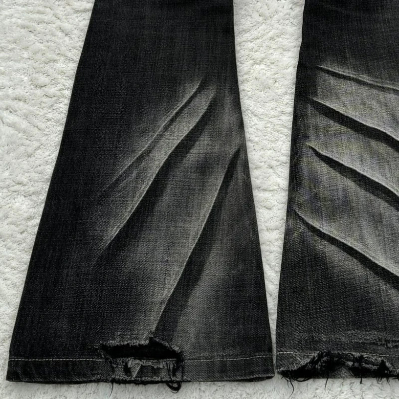 Y2K Schlagjeans mit Schnürung, Retro-Look, gewaschene Pfotenabdrücke, doppelter Bund, Slim Fit, Herrenjeans, Gothic-Stil, High Street Wear, Unisex-Bootcut-Jeans