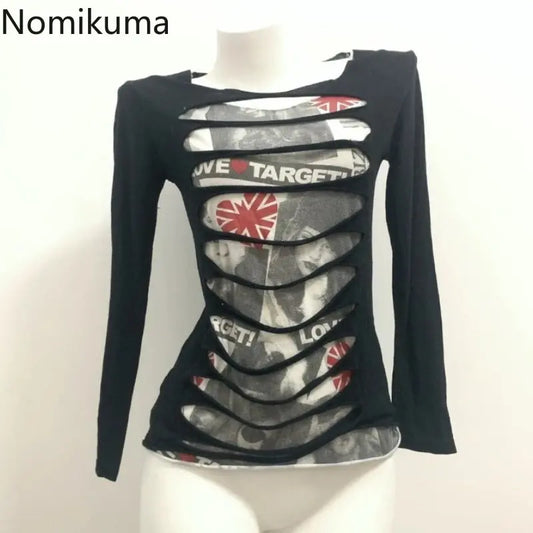 Harajuku Y2k Tops Fashion T Shirts for Women 2025 Ropa Mujer Streetwear Tunic Tees Long Sleeve Print Hollow Out Punk Tshirts - DRACO COUTURE
