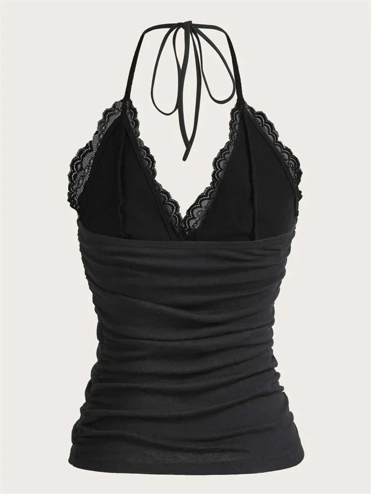 Lace V-neck Halter Top Women Summer Sexy Grunge Punk Goth Backless Ruched Crop Top Cami Top Streetwear Y2K Clothes 2024 DRACO COUTURE