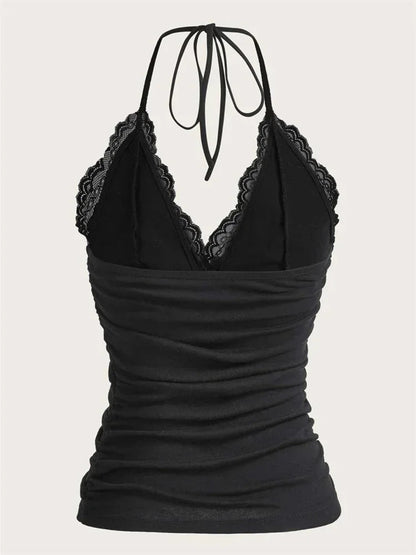 Lace V-neck Halter Top Women Summer Sexy Grunge Punk Goth Backless Ruched Crop Top Cami Top Streetwear Y2K Clothes 2024 DRACO COUTURE