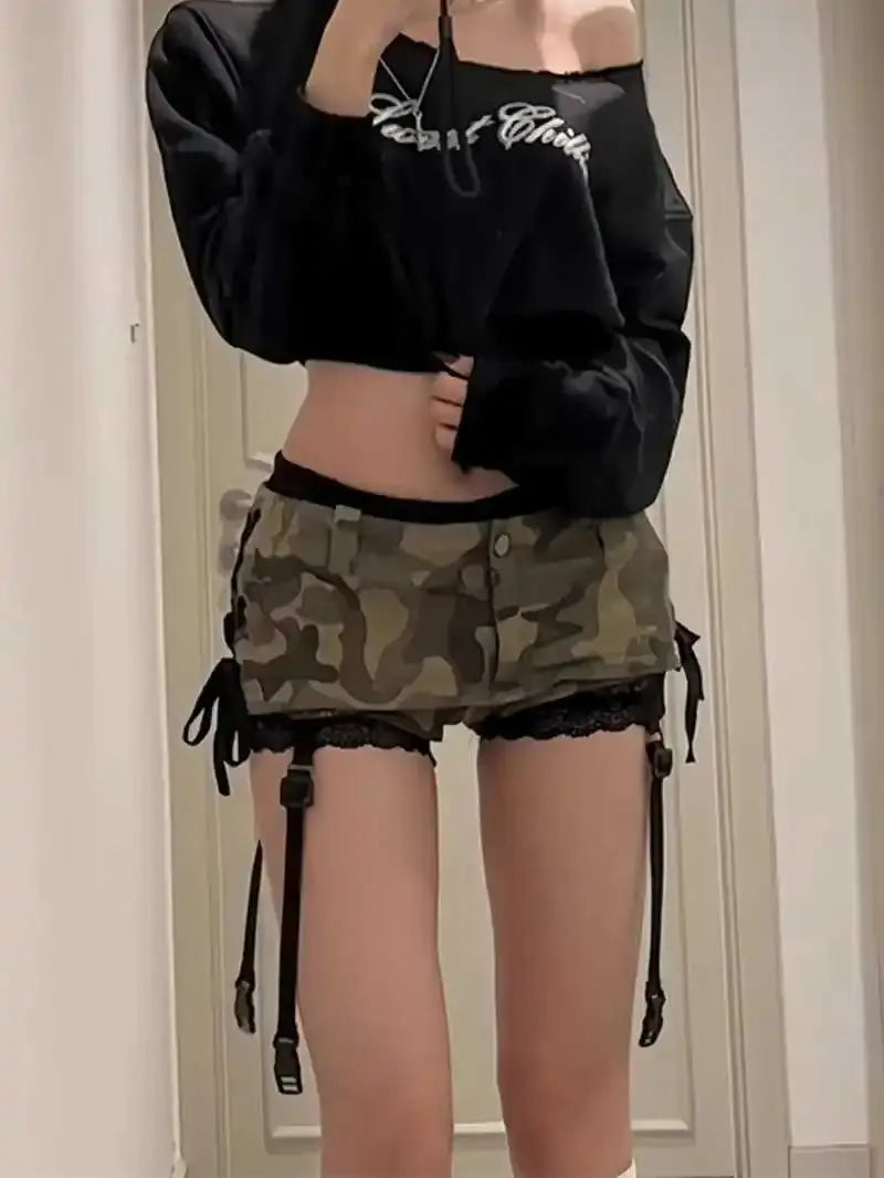 Summer Women Gyaru Coquette Camouflage Culottes Harajuku Shoujo 2000s Aesthetic Low Rise Mini Denim Skirt Korean Y2k Japanese - DRACO COUTURE