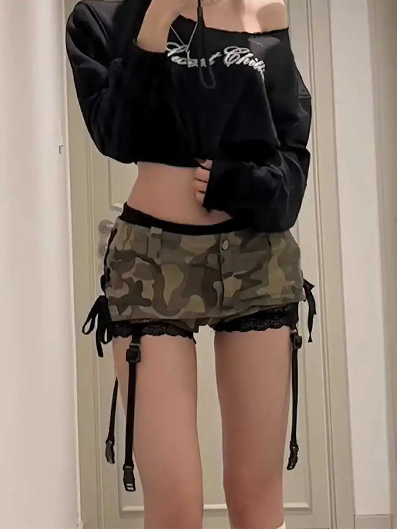 Summer Women Gyaru Coquette Camouflage Culottes Harajuku Shoujo 2000s Aesthetic Low Rise Mini Denim Skirt Korean Y2k Japanese DRACO COUTURE
