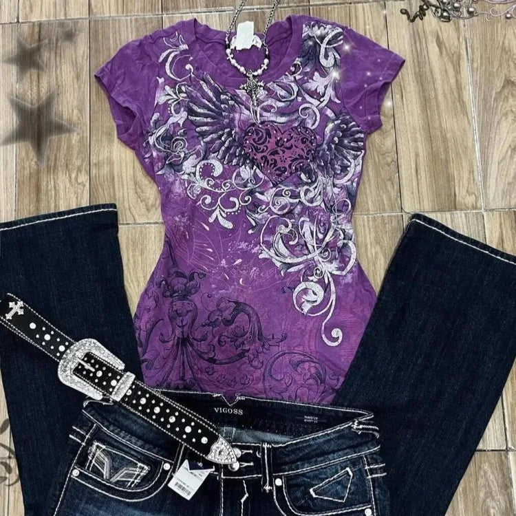 Damen-T-Shirt mit Vintage-Print in Lila im Y2K-Stil, amerikanischer Retro-Look, lässiges Harajuku-Grunge-Fashion-Top, neu