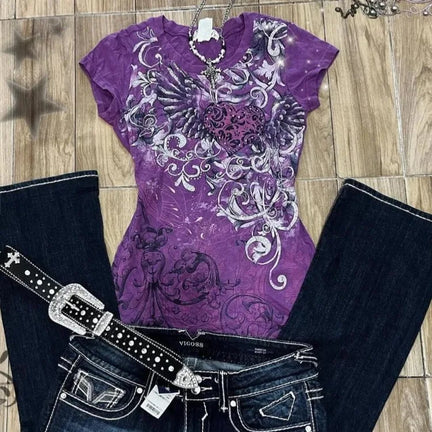 Y2K Purple Print T-Shirt Women