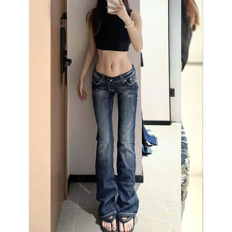 Damen Y2K Gothic Stickerei Hot Diamonds Denimhose Harajuku Retro Hip Hop Low Waist Jeans Fashion Hot Girl Straight Jeans