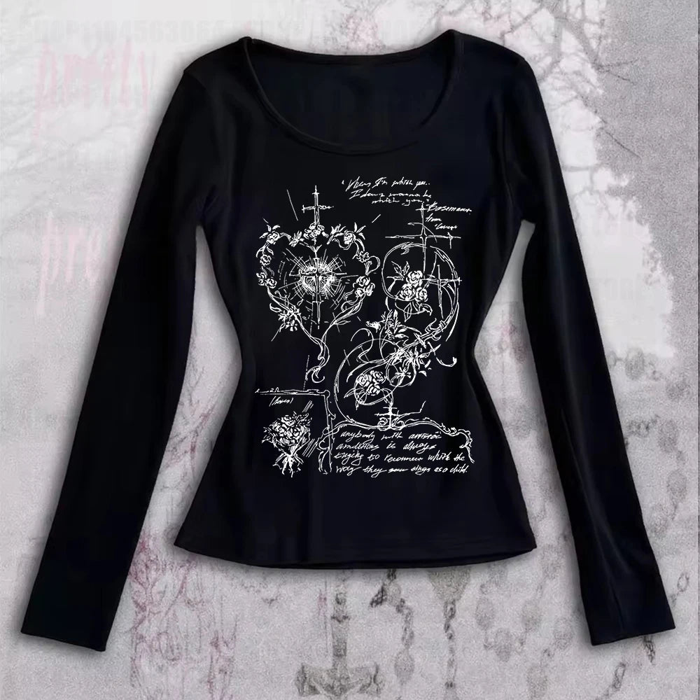 2K Fairy Grunge Grafik-T-Shirts für Damen, E-Girls, Goth Rippstrick-Langarm-Tops, Vintage Emo Kleidung, 2000er Retro Streetwear