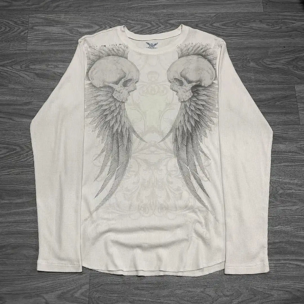 Y2K-Affliction Langarm-T-Shirt, weiß, Rundhalsausschnitt, Oversized-Schnitt, neu, Herren/Damen, Freizeit, Gothic, Baumwolle, Streetwear