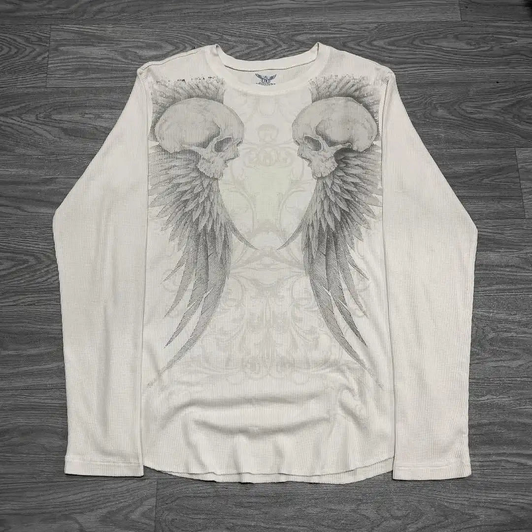 Y2K-Affliction Langarm-T-Shirt, weiß, Rundhalsausschnitt, Oversized-Schnitt, neu, Herren/Damen, Freizeit, Gothic, Baumwolle, Streetwear