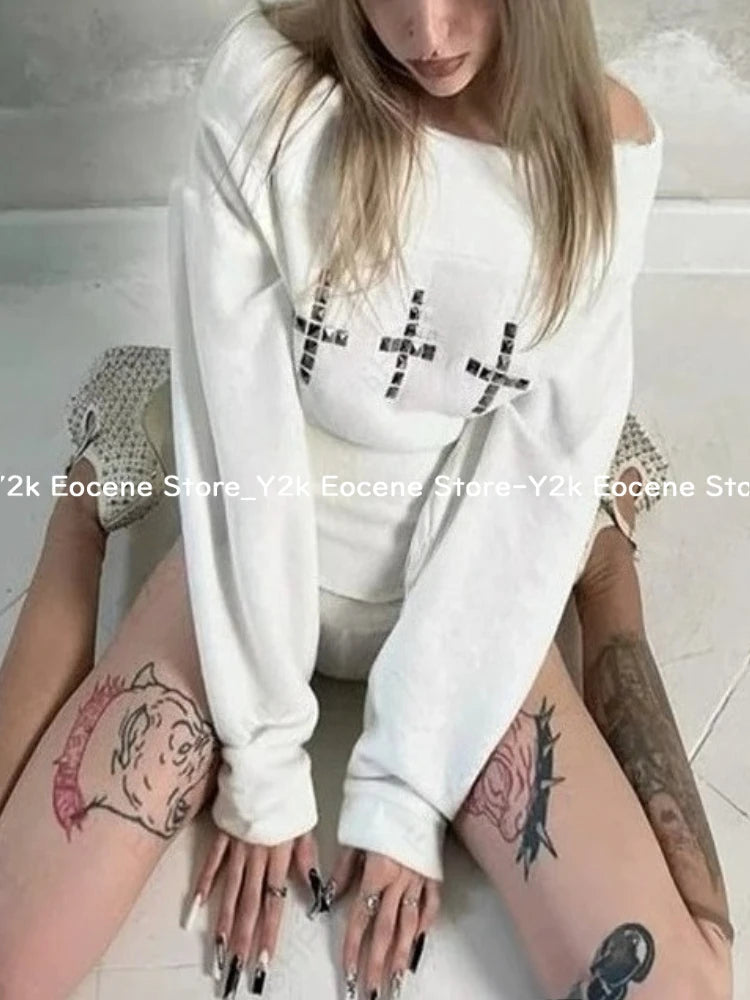 Goth Aesthetic Long Sleeve Two Piece Set Women Off Shoulder Top + Sexy Slim Shorts Y2K Cross Harajuku E-Girls Streetwear Outfit DRACO COUTURE