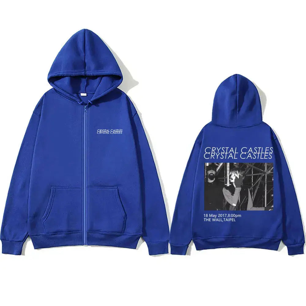 Crystal Castles Band Zipper Hoodie Men Women Vintage Gothic Rock Zip Up Jacket Men's Fashion Casual Oversized Zip Up Sweatshirt - DRACO COUTURE
