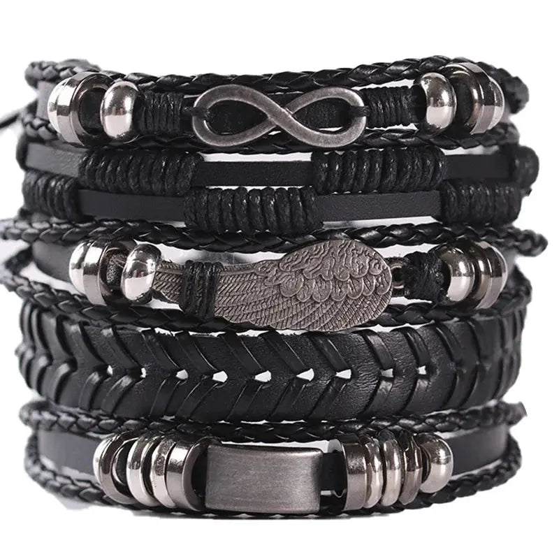 4/5/6pcs Evil Eye Wing Star Skull Diy Braided Punk Style Bracelet Set, Featuring Pu Leather And Beads Bracelet - DRACO COUTURE