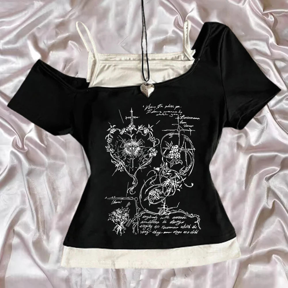 2K Fairy Grunge Grafik-T-Shirts für Damen, E-Girls, Goth Rippstrick-Langarm-Tops, Vintage Emo Kleidung, 2000er Retro Streetwear