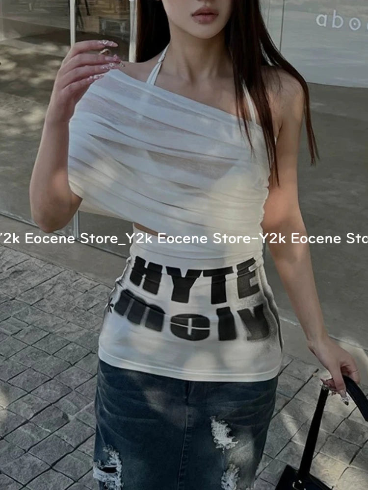 Y2k Streetwear Two Pieces Set Women Irregular Hollow Out Letter Mini Dress + Aesthetic Sexy Halter Bandage Vest Harajuku Outfits DRACO COUTURE
